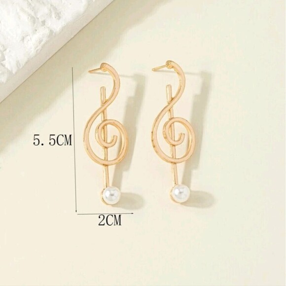 🎼 Music Key Gold Tone Dangle Earring with Pearl Detail NWT Chic - Picture 3 of 3